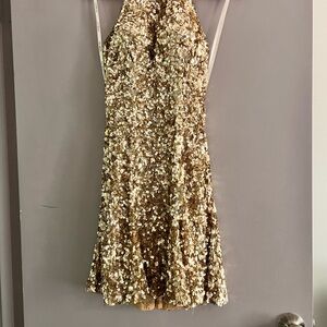 Gold Sequin Halter Dress SHERRI HILL